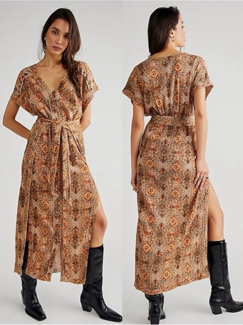 NWOT Free People Farrah Boho Maxi Dress Soft Peach Combo Orange Brown Large  L